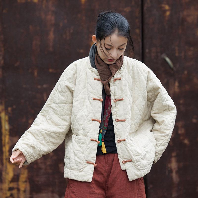 Women's Winter Ramie Quilted Diamond Pattern Cotton Coat with Frog Buttons - Bohemian Style
