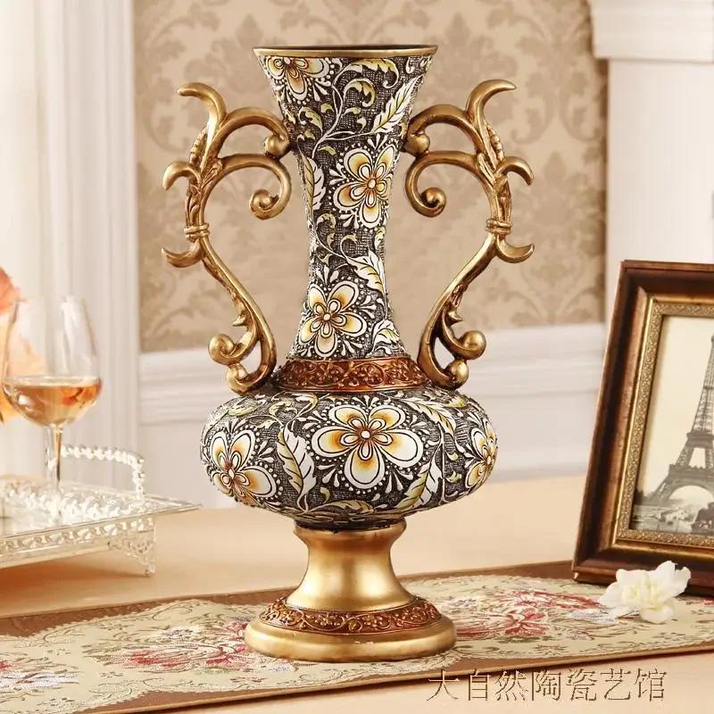 European High-end Home Ornament Retro Luxury Resin Decoration Ornament House Living Room Artificial Flowers Vase