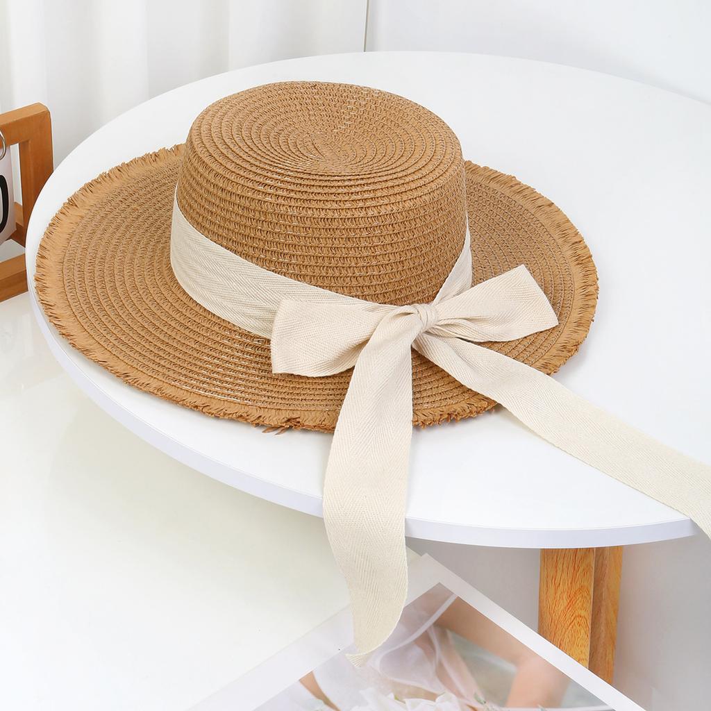 Lace Bow Straw Hat Women's Summer French Large Brim Sunscreen Hat Seaside Beach Vacation Sun Hat