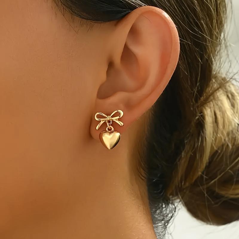 Charming Vintage Bow Heart Dangle Earrings, Elegant Style for Women, Perfect for Daily Commute Vacation Wear
