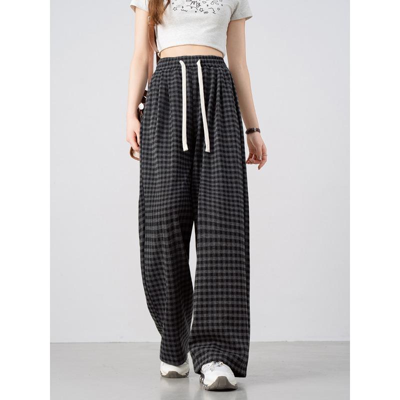 

New product, spring and summer women s clothing, elastic waist drawstring straight through wide-leg pants, small plaid casual pants. M