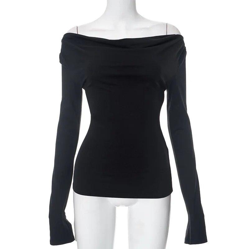 

Сексуальная женская футболка с открытой спиной на шнуровке и воротником-стойкой 2024, модная тонкая белая футболка с длинным рукавом, черные повседневные простые футболки 30615 M чёрный