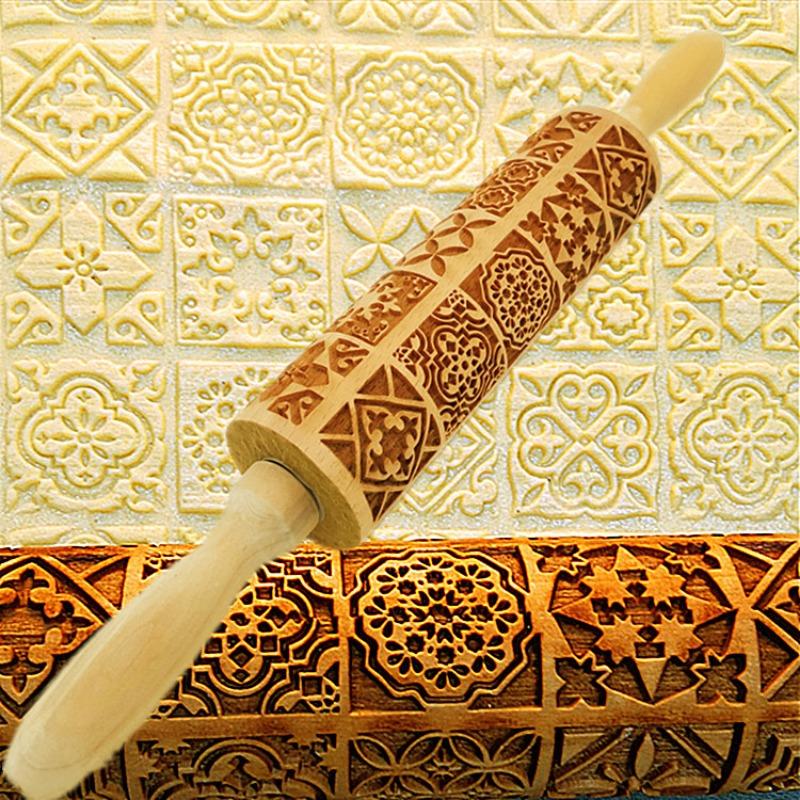 New Style Embossing Rolling Pin Baking Cookies Noodle Biscuit Fondant Cake Dough Engraved Roller Wood Gifts 15 Colors