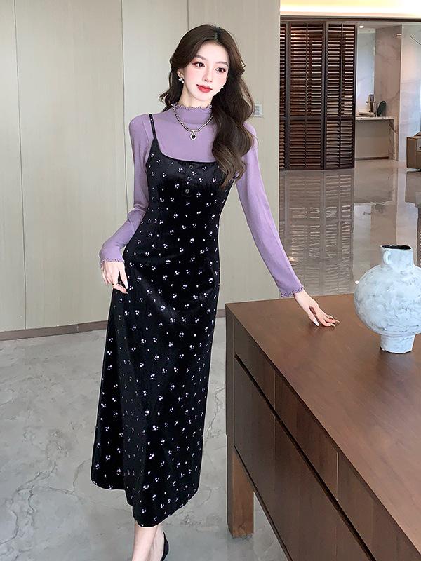 

Velvet Floral Slip Dress with Base Shirt - Korean Style for Autumn/Winter S
