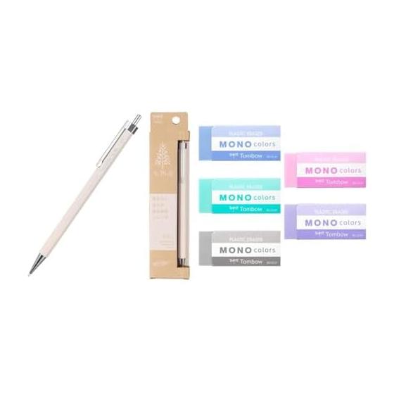 Tombow Pencil Mechanical Pencil, Wood Story, 0.5mm, Wooden Barrel, White DHA-151B, Eraser MONO, Monocolors, 5 Color Set JCE-511XAZ