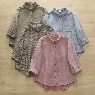Color Woven Vertical Striped Pure Cotton Double-layer Yarn Casual Versatile Short Sleeved Women's Shirt Loose Shirt Summer