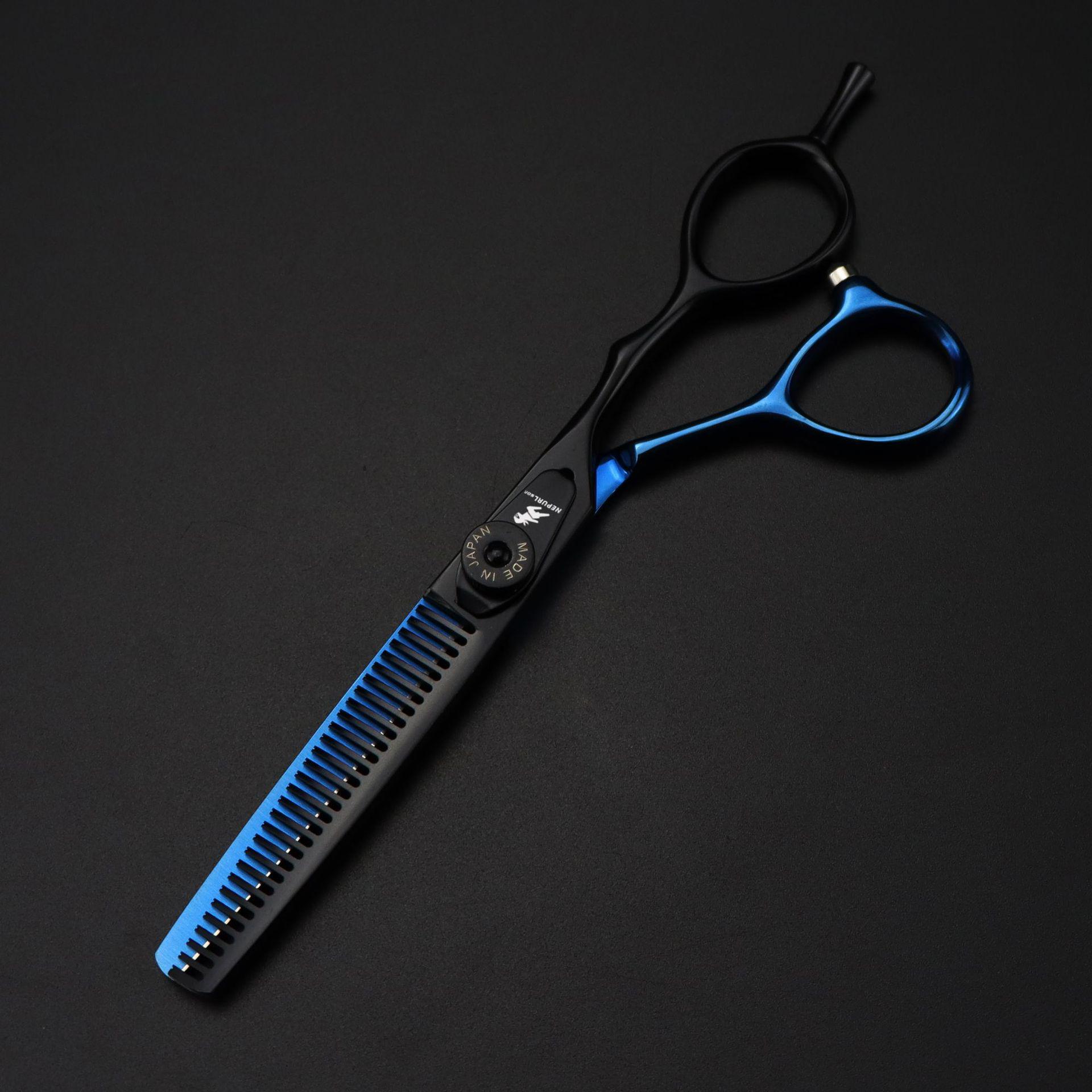 Napsun 6.0 Black Blue Hairdressing & Barber Scissors Set: Straight Shears, Bangs Scissors, Thinning Shears FGF04.