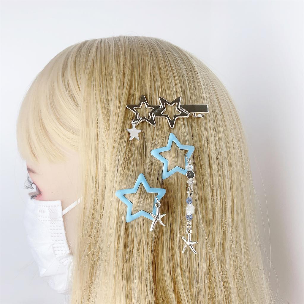 7pcs Fringed Chain Five Pointed Star Hair Clip Set Korean Hairpin Fashionable Hair Ornament Hair Styling Decorative Clip
