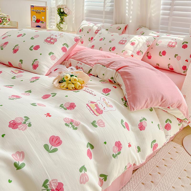 Washed Cotton 4Pcs Set, Double-Layer Yarn Quilt Cover, Dormitory Bed Sheet Three-Piece Set, Household Bedding