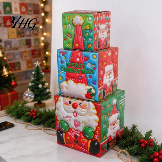 Holiday Gift Storage Containers 3Pcs Christmas Stackable Box, Layered Cube Plastic Boxes with Santa Shop Window Props Snowman Reindeer, Tabletop