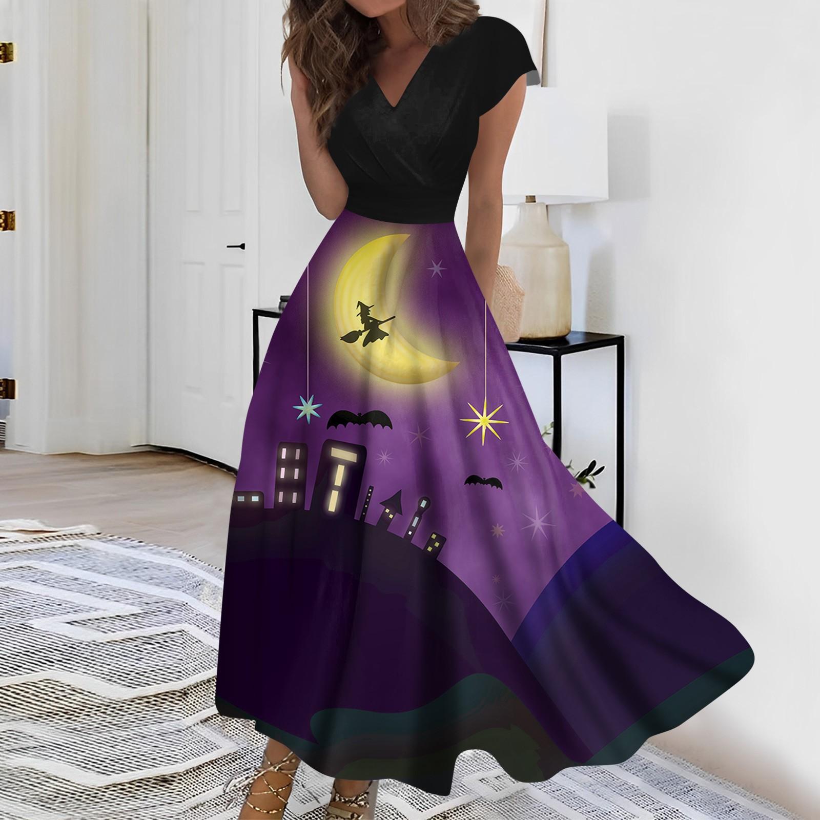 

Женское длинное платье Платье макси Повседневное платье Повседневное платье с короткими рукавами и V-образным вырезом в стиле бохо на талии Хэллоуин с принтом XXL фиолетовый