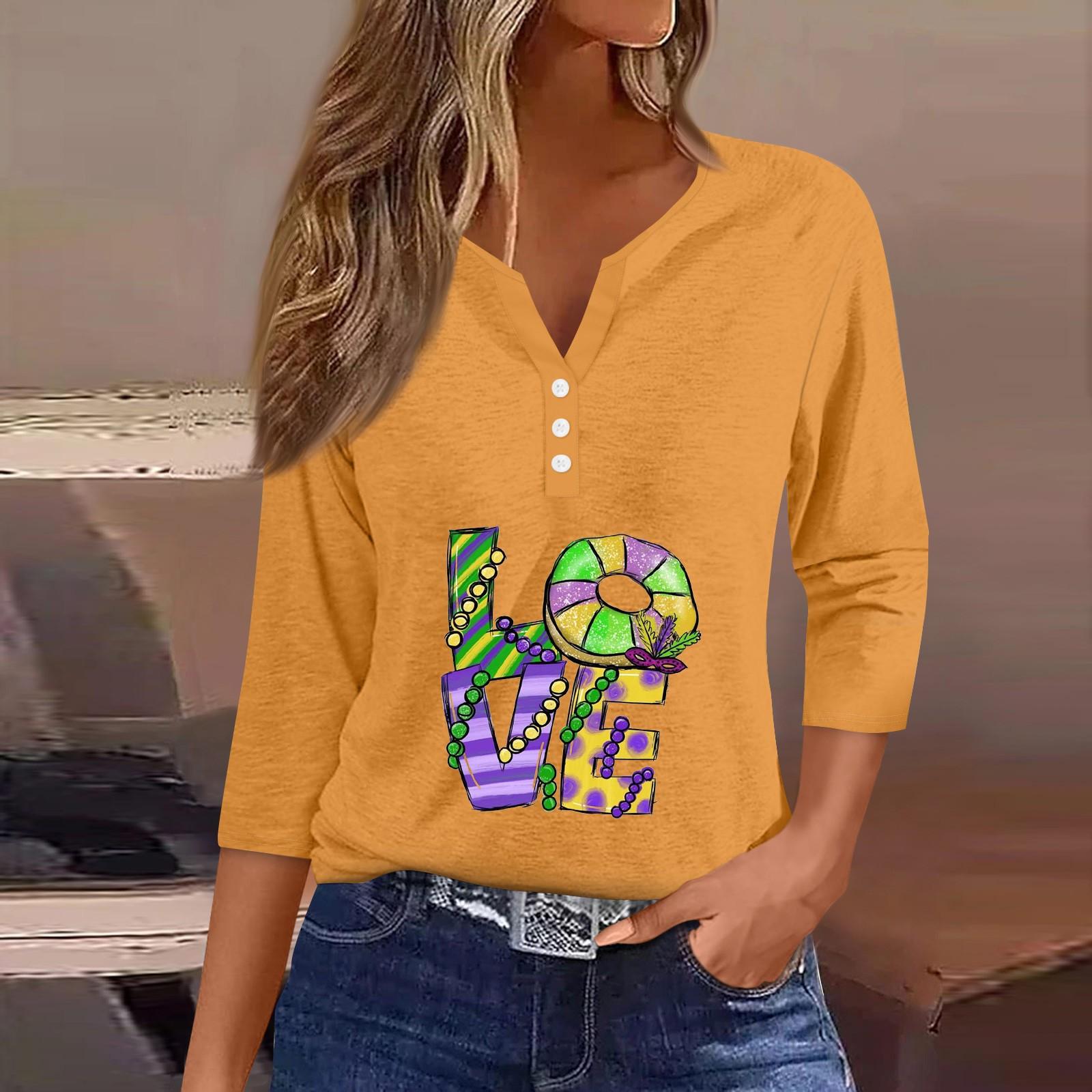 

Жен. Футболка Футболка С принтом Пуговицы Рукав 3/4 Повседневные Выходные Мода Классический V-образный вырез Обычный Топ XL оранжевый