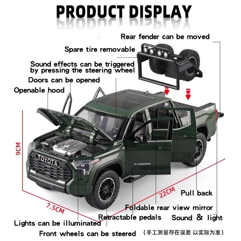 Duży model samochodu SUV Toyota Tundra w skali 1/24, odlewany miniaturowy metalowy samochód, kolekcja pojazdów terenowych, dźwięk, światło, zabawka dla dzieci