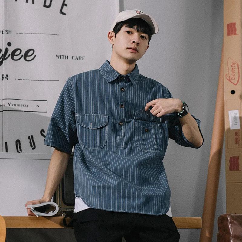 Letní košile Pánská Krátký rukáv Trend Retro Pruhované POLO Košile Mládež Volné Ležérní Bunda Top Tričko