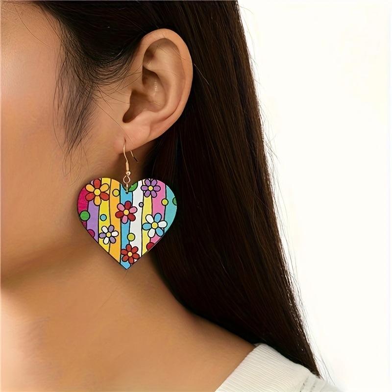New Bohemian Wood Double-Sided Printed Heart Earrings Women's Fashion Love Earrings