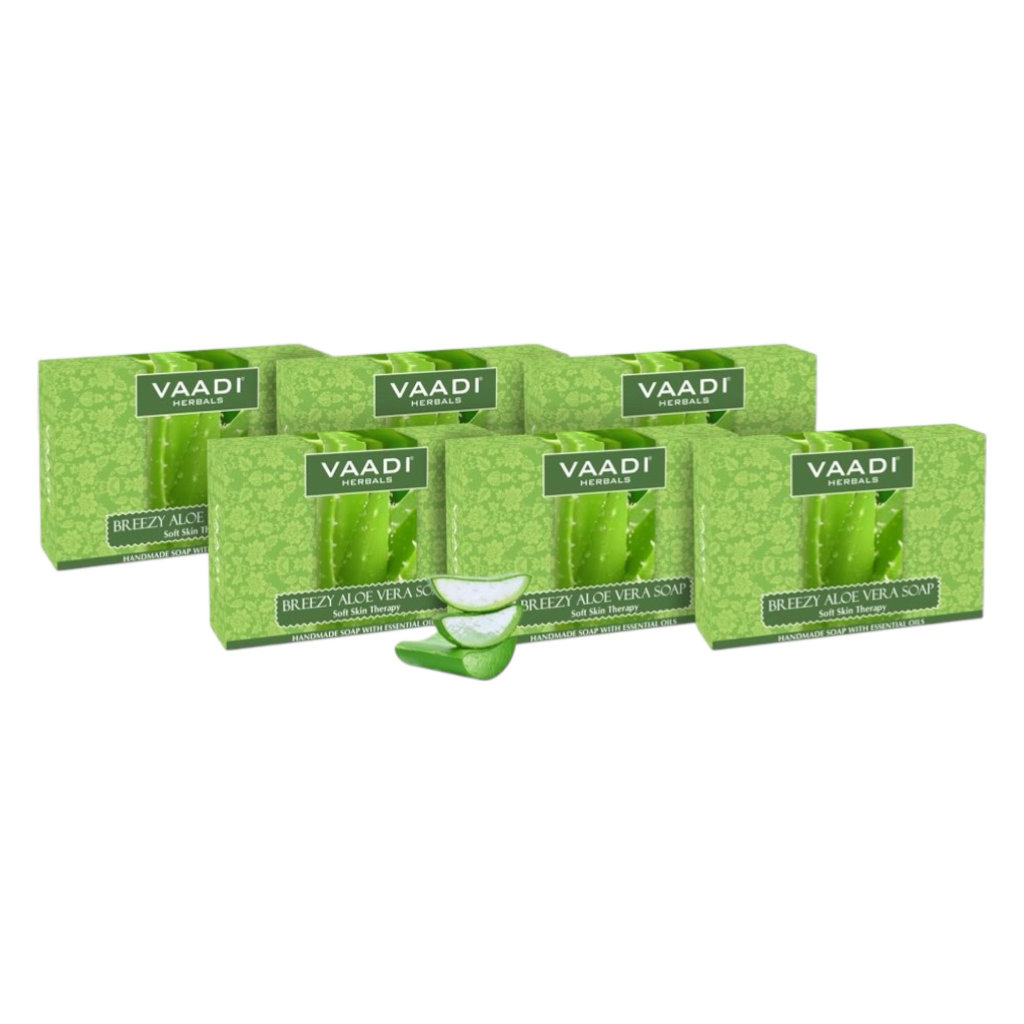 

Vaadi Herbals Super Breezy Aloe Vera Soap Moisturizing Gentle Daily Bath Bar For Soft Fresh Skin 75 g X Pack Of 6