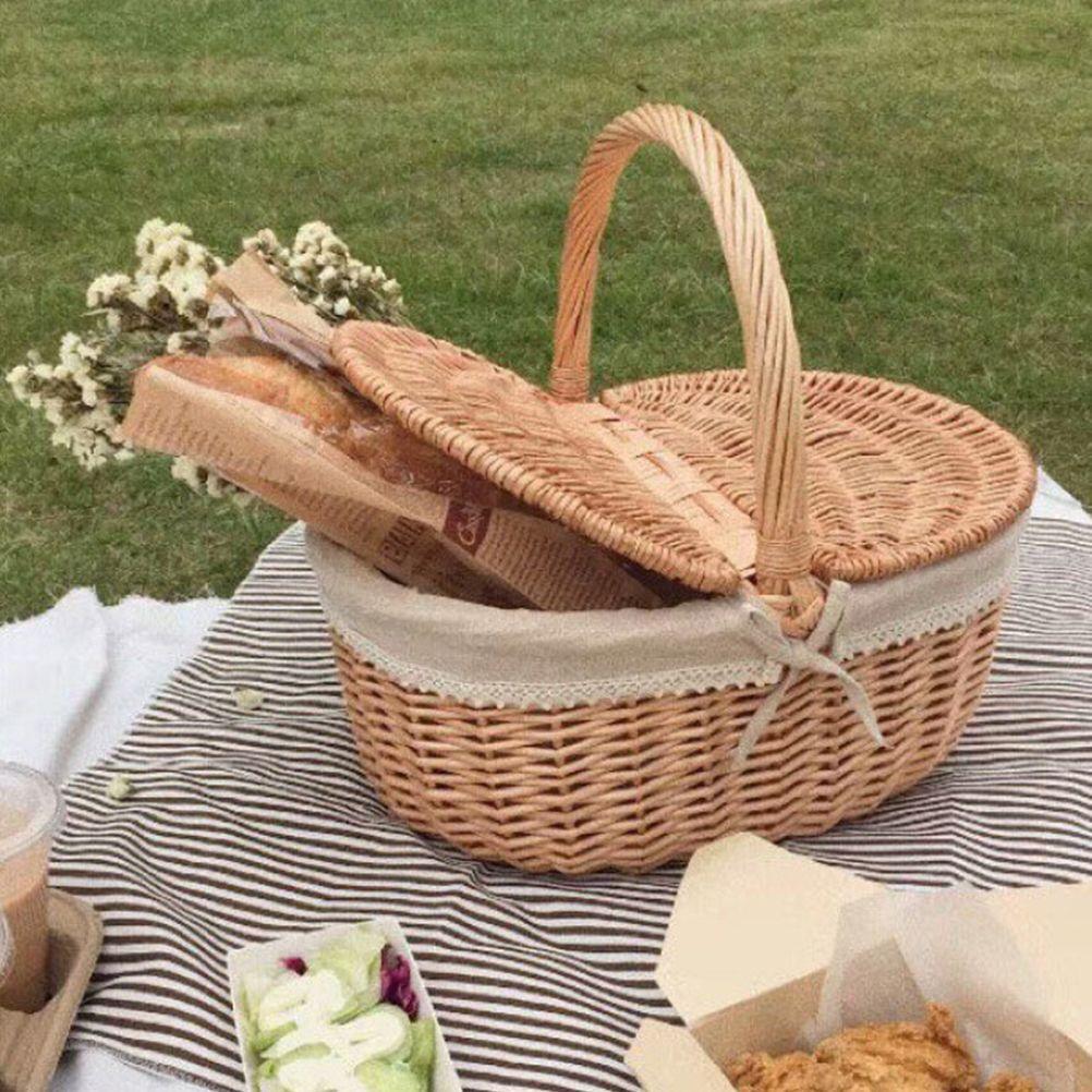 Large Handwoven Wicker Rattan Bamboo Storage Baskets With Lid Portable Picnic Outdoor Shopping Market Tote Ganizer