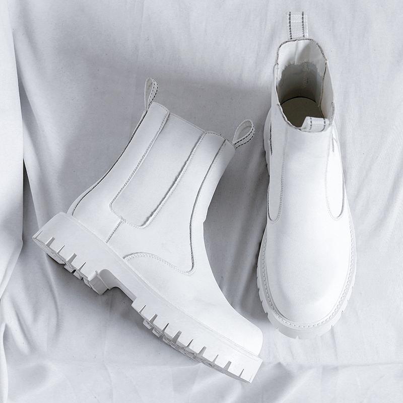 Men's Leisure High Top Chimney Boots Black White Shoes Cowboy Genuine Leather Boot Platform Long Chelsea Botas Hombre Zapatos