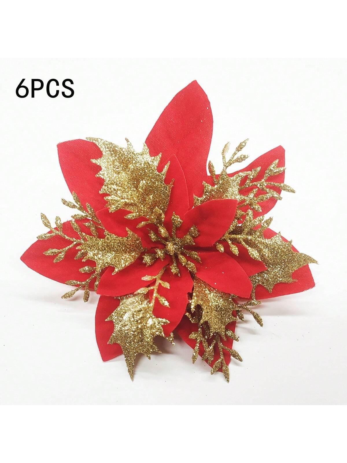 

6PCS Gold Powder Christmas Flower Simulation Flower Christmas Tree Pendant Decoration Flower Wreath Accessories оранжевый
