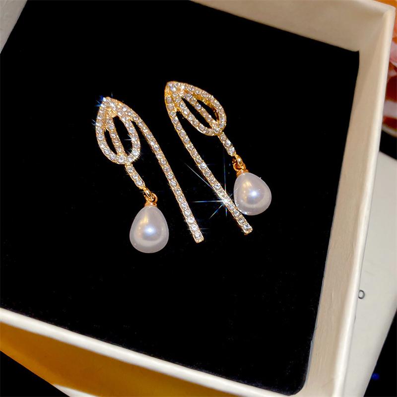Inlaid Crystal Imitation Pearl Waterdrop Tassel Long Personality Geometry Dangle Earrings for Women Korean Fashion Jewelry