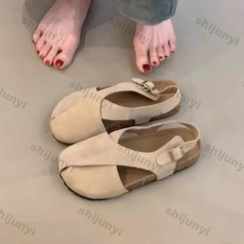 Sandali da Donna alla Moda Estivi 2025 Nuovi Moda Vintage Lusso Bottone Quadrato Scarpe Piatte Traspiranti Comode Antiscivolo Romane Casual