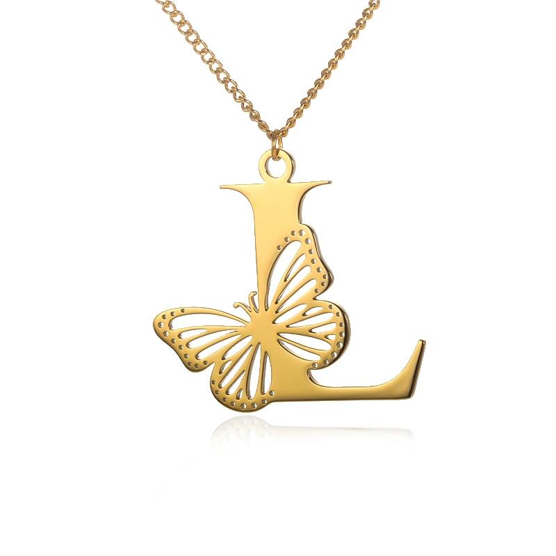 Dainty Big Butterfly Letters Necklaces For Women Girl Jewelry Stainless Steel Chain Initial Pendant Necklace Best Accessories