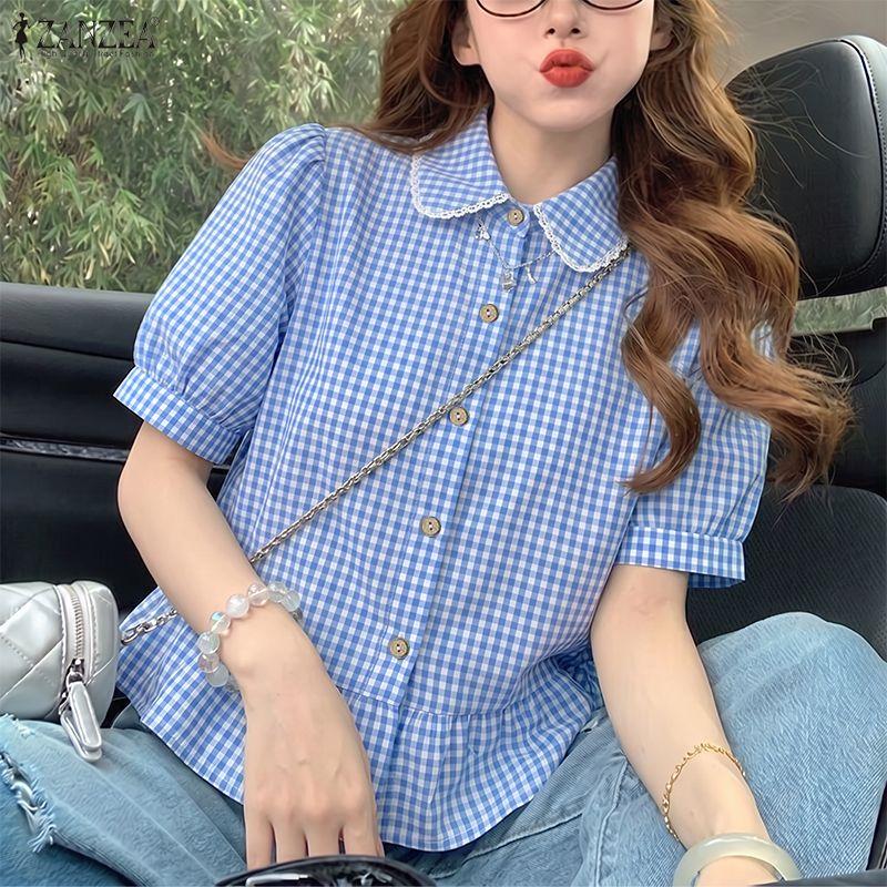 ZANZEA Women Plaid Print Casual Doll Collar Loose Short Sleeve Blouse S синий