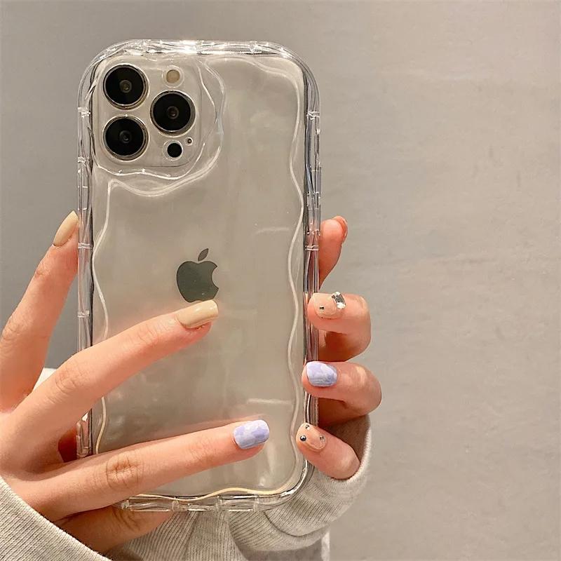 Wave Pattern Solid Color Cream For iPhone 11 12 13 14 15 16 Pro Max Plus Mini Transparent Resistant Couple Clear Shockproof Case