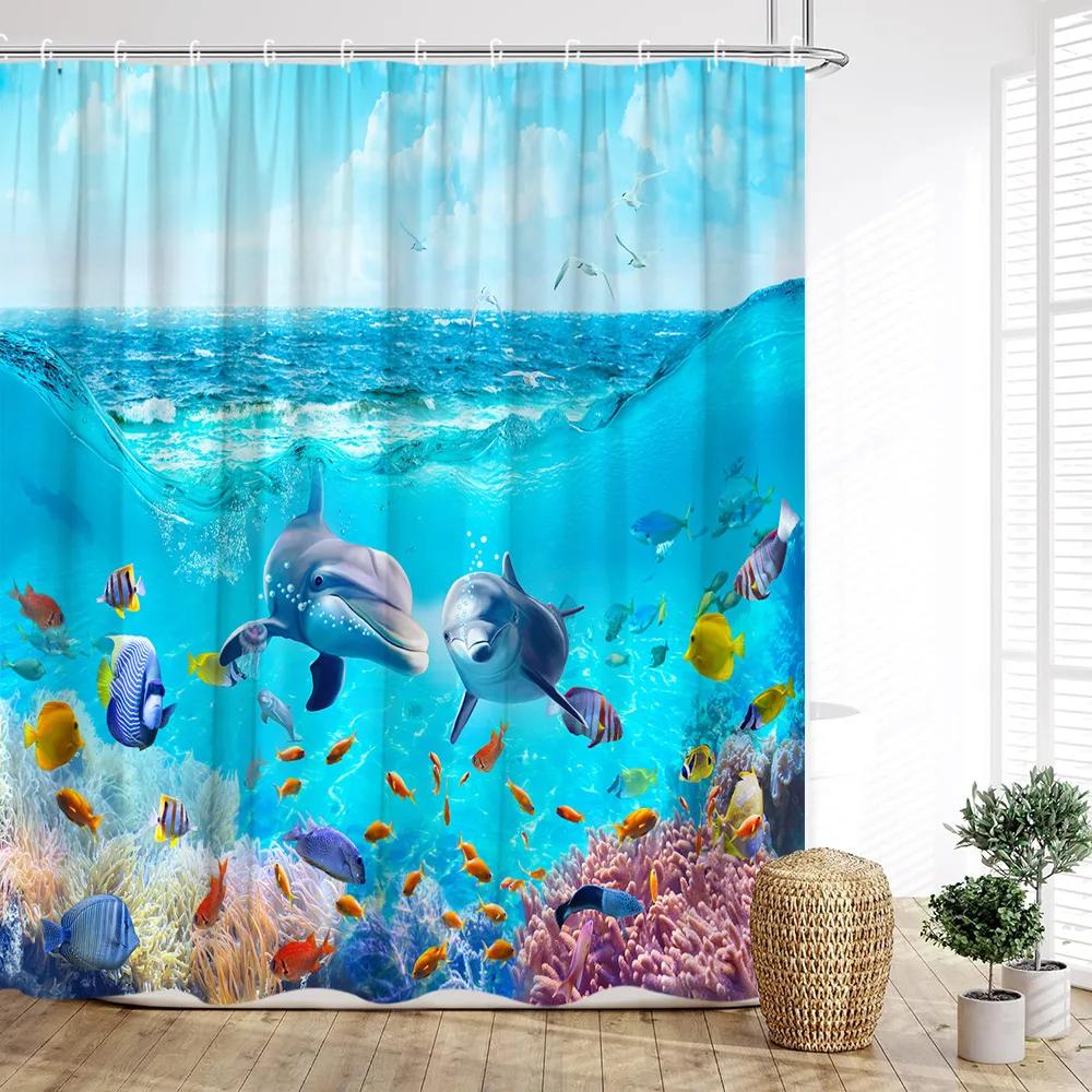 Ocean Animal Shower Curtain, Underwater Whale Coral Tropical Fish Wave Fish Blue Kids Boys Print Bathroom Decoration