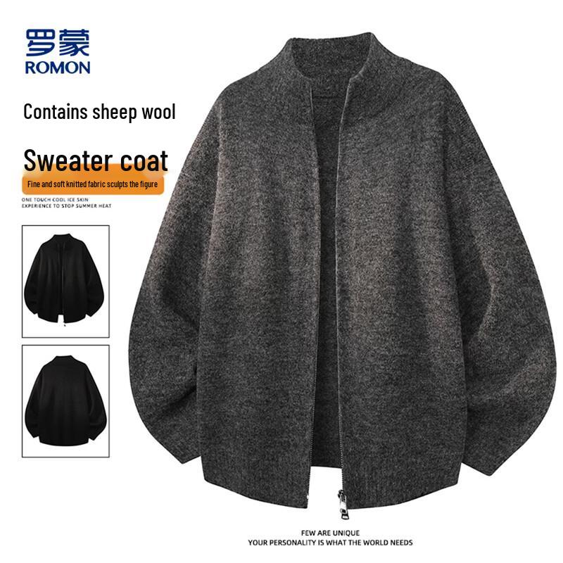 ROMON Men's Wool-Blend Stand Collar Zipper Cardigan