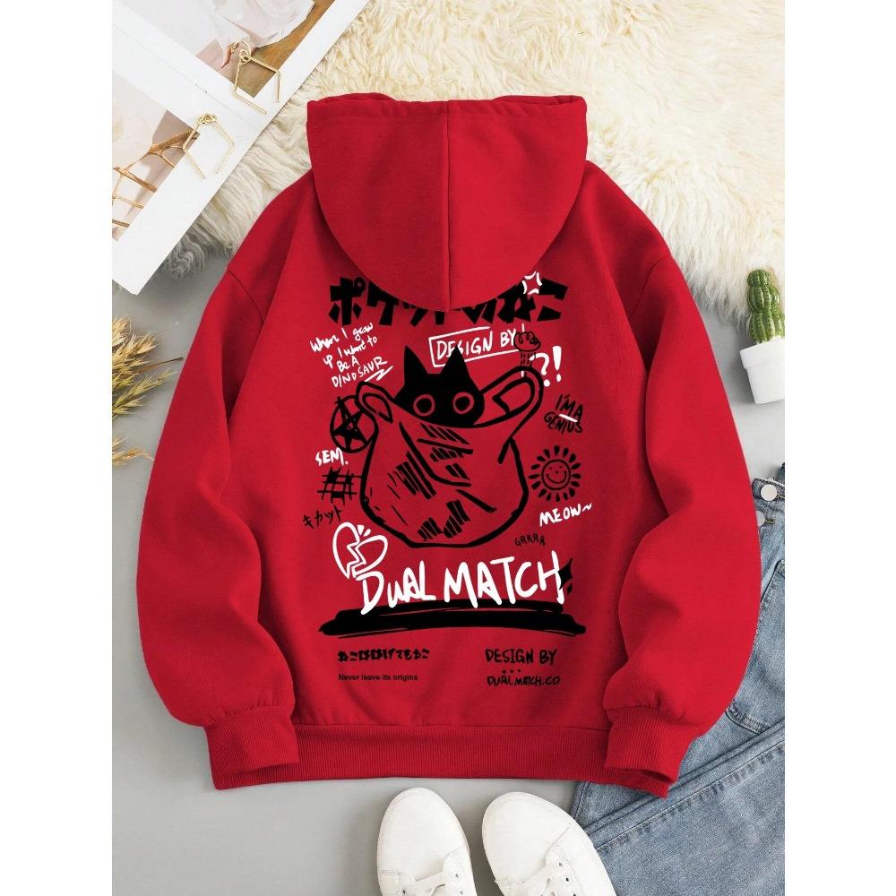 Cross-border e-commerce unisex printed hoodie with black cat and letter pattern hoodie casual and comfortable long sleeved
