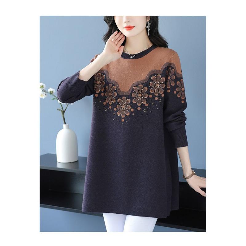 Middle-aged Elderly Mother's Wear Diamond Sweater Women's Mid-length Bottoming Shirt Loose Embroidered Sweater A-line Skirt