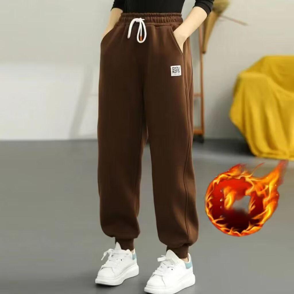 Thickened Fleece Casual Pants Women's Elastic Waist Sports Trousers Slimming Leg Lengthening Drawstring Loose Fit Versatile