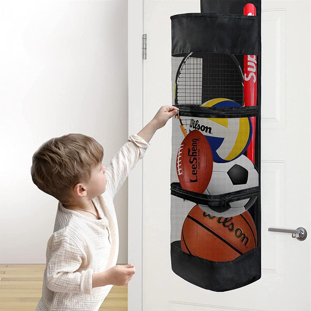 Over The Door Hanging Sports Equipment Organizer with Metal Hook Ball Storage Mesh for Basketball Football