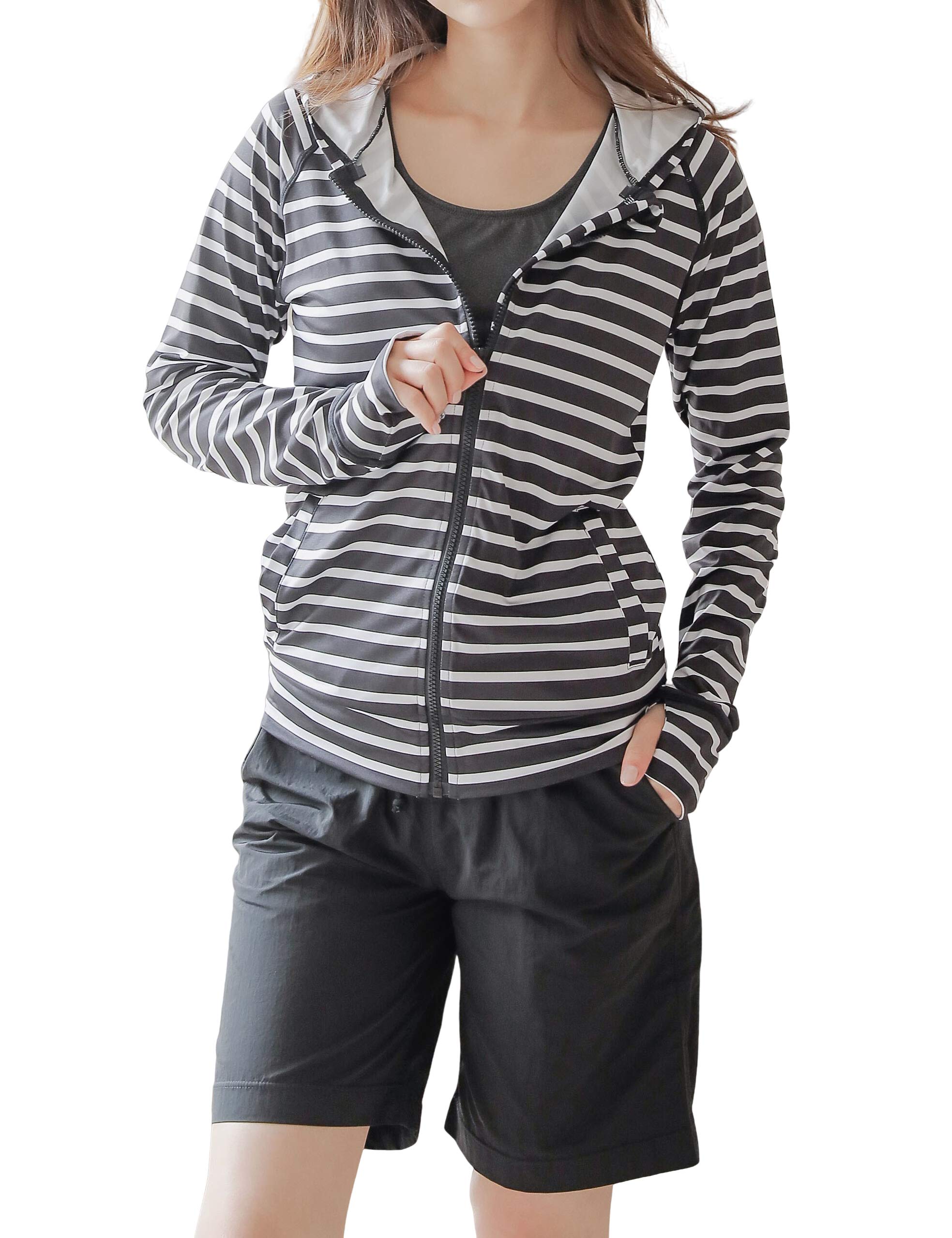 

Женский купальник-рашгард COTARON, набор из 4 предметов с майкой и шортами, длинными рукавами и защитой от УФ-лучей (Размер M, 9 полосок x Темно-серый x Черный)