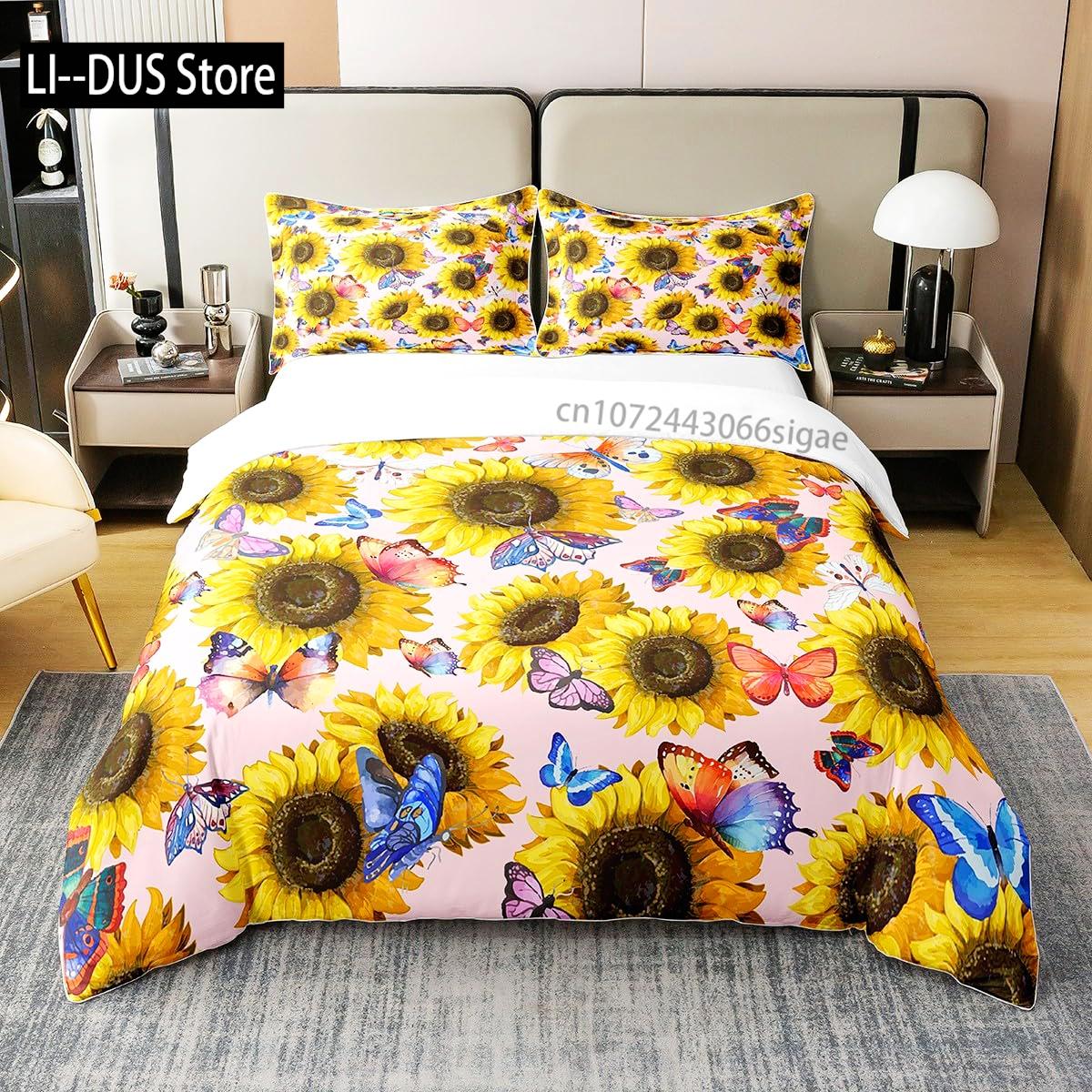 

Comforter Yellow Sunflower Comforter Set Butterfly Bedding Set For Kids Girls Teens Womencountry Floral Quilt s 2 Pillow Cases Comforter (quilt)-EU Single(135*200cm)3pcs