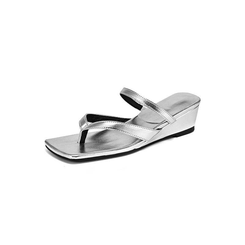 Women Flip Flop Slides Square Toe Wedges Mid Heels Sandals Concise Design Slippers Ladies Fashion Shoes Summer Silver 44