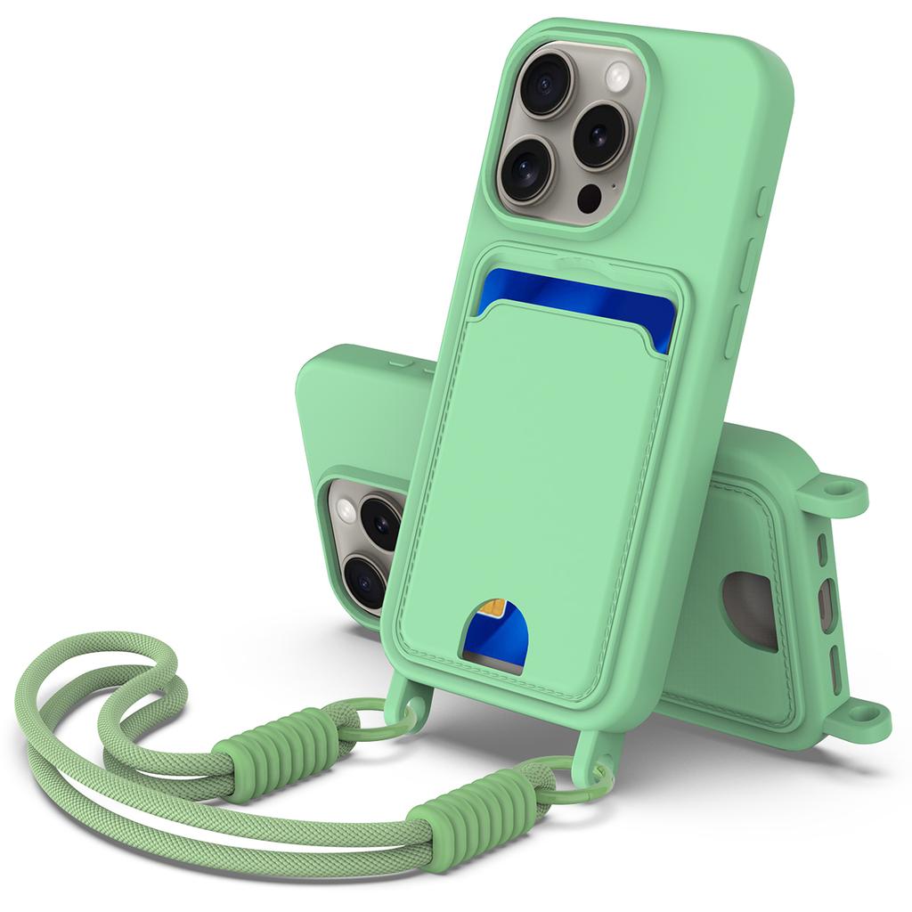 For iPhone 14 Pro Max Liquid Silicone Case Phone Back Cover with Card Holder and Short Strap