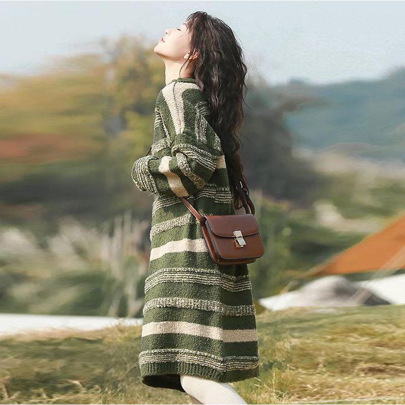 Fashionable Striped Knitted Sweater Dress for Women, Loose Fit and Lengthy, Thickened and Soft Dresses