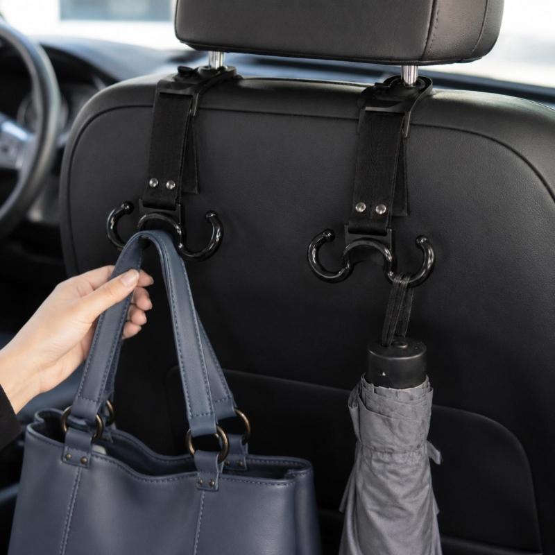 Variable-Length Car Back Hangers with 360-Degree Rotation, 2Pcs Black Bag Holders with Four Hanging Spots for Vehicles with Separate Headrest Posts