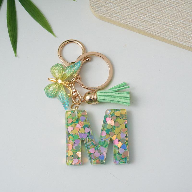 A-Z Initial Letter Keychain Green Butterfly Tassel Letter Charm Bag Pendant Couple Key Holder Pendant For Friend Gifts