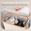 Panier linge - hennez - 140l - 2 compartiments - pliable - couvercle en bambou - beige