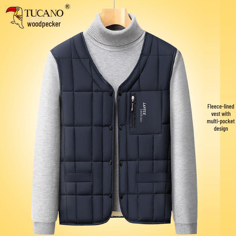 Men's Woodpecker Autumn/Winter Sleeveless Jacket - Middle-aged Dad's Thick, High-grade Cotton Vest.