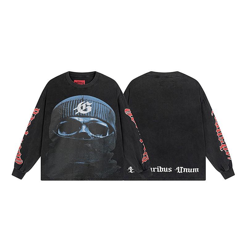 Mens Oversized Cotton Long Sleeve Tee With Skull Graphic Print Streetwear Rock Band Style Loose Fit Teens Adults