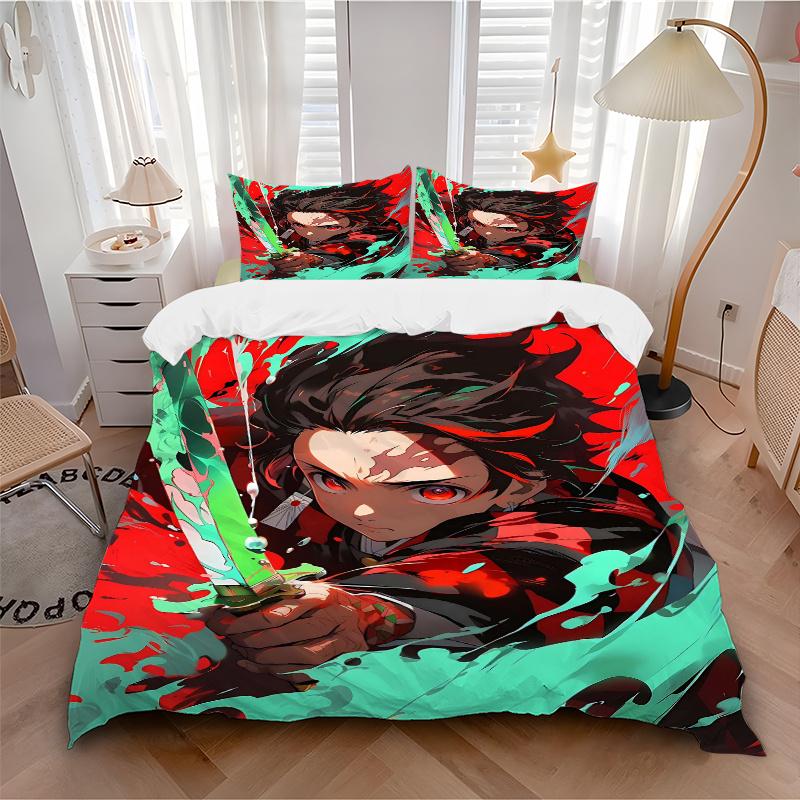 3pcs Tanjiro's Determination Demon Slayer Bedding Set - Includes 1 Quilt Cover and 2 Pillowcases, Comfortable Bedding with Stylish Design fo