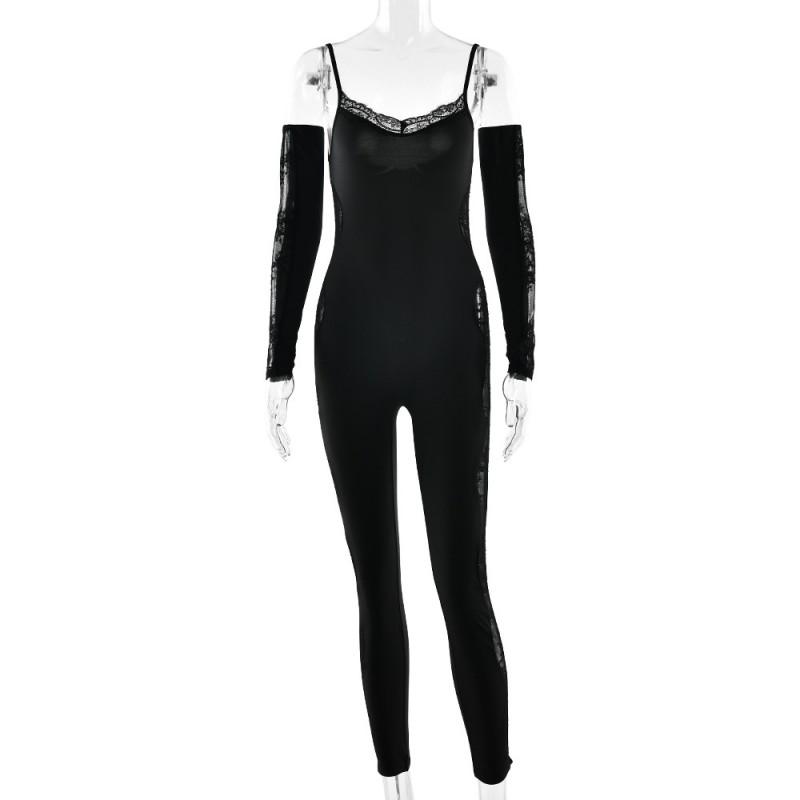 Ins Style Sexy Lace Trim Low Cut Backless Jumpsuit Women Streetwear