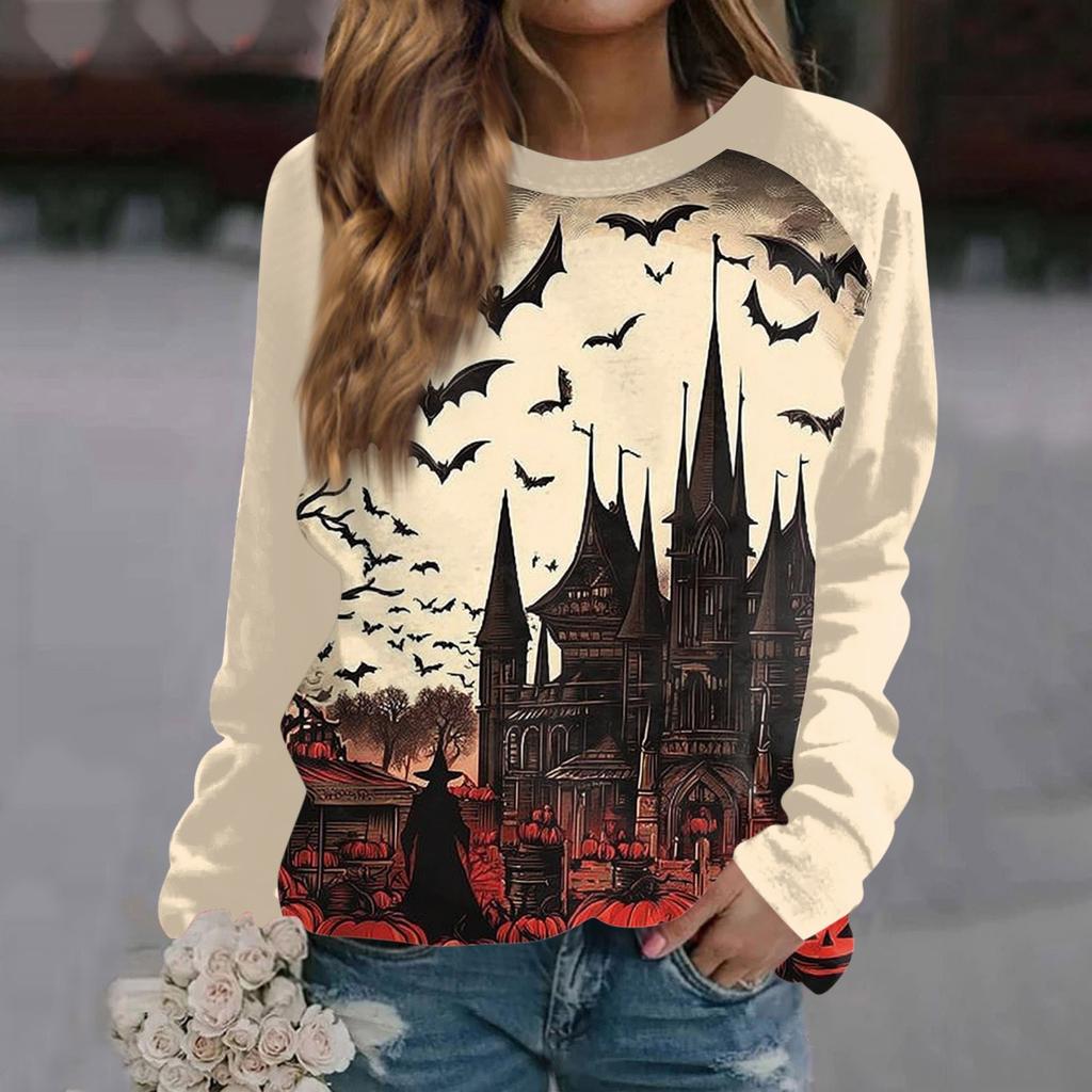 Women's Fashion Casual Long Sleeve Halloween Printed Round Neck Sweater Top