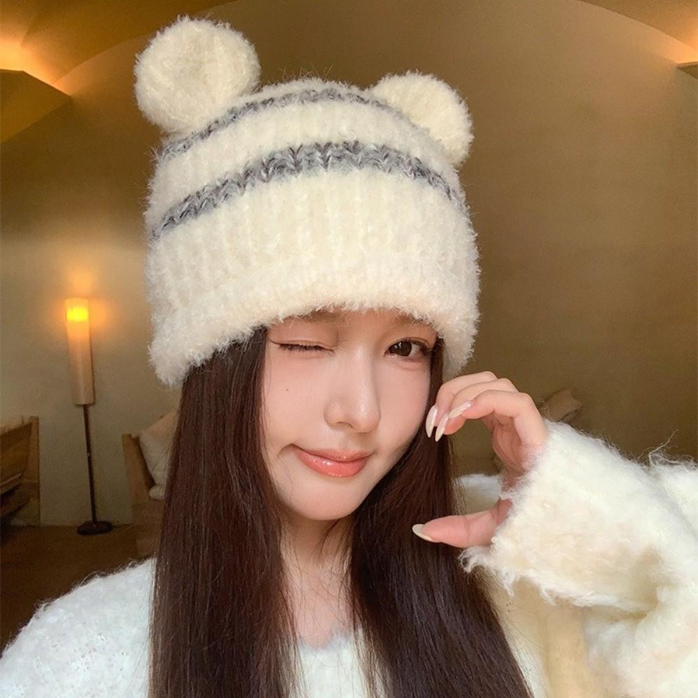 Ear Protection Fuzzy Knitted Beanie Polyester Warm Winter Hat Bear Ear Earflap Beanie Korean Style