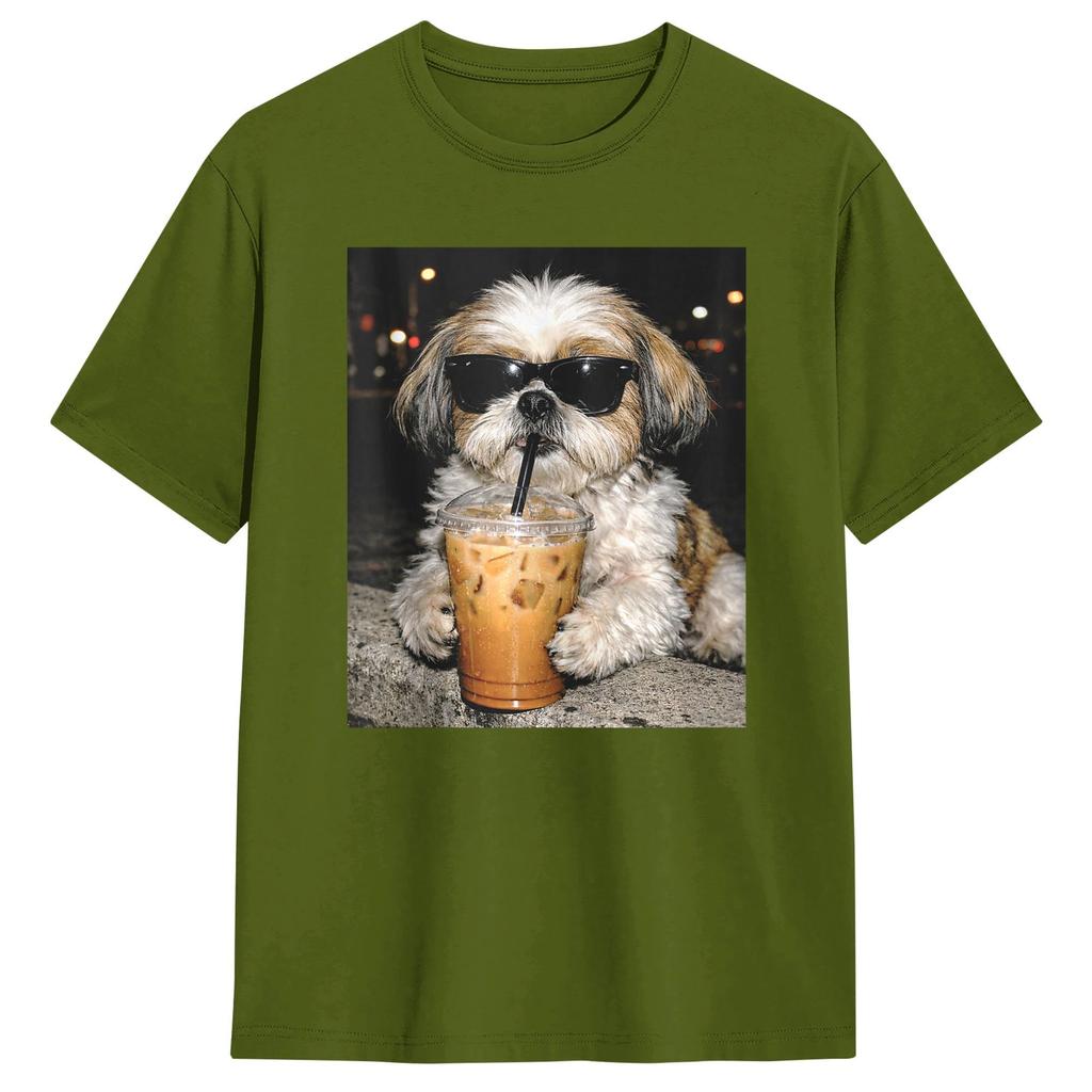 Funny Shih Tzu Drinking Iced Coffee Dog Meme TShirt Harajuku TShirts ShortSleeve Aesthetic Tshirt Cotton 4XL 5XL 6XL Clothes