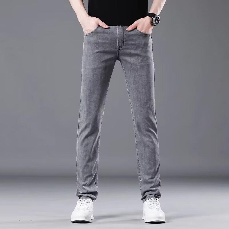 Summer thin smoke gray jeans men's slim straight trendy brand men's elastic pants versatile casual long pants